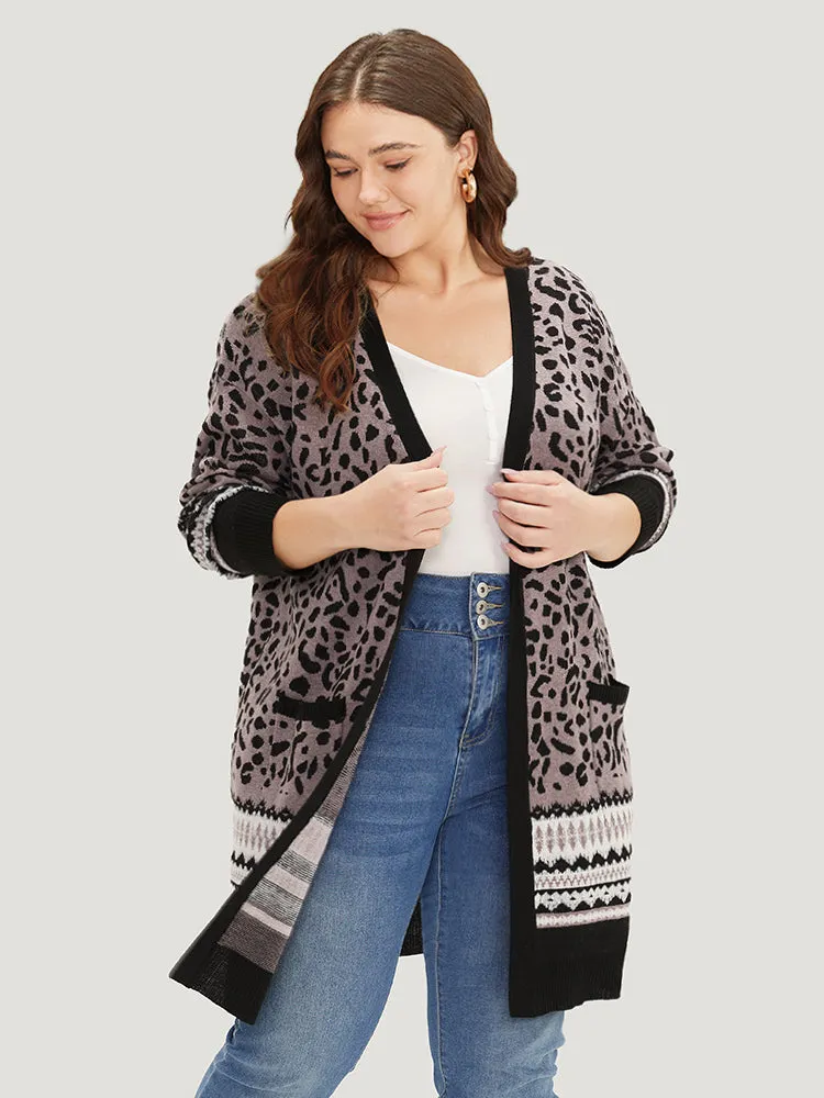 Leopard Print Pocket Contrast Trim Cardigan