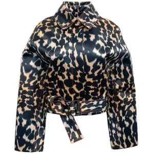 Maison Rabih Kayrouz Navy Blue Leopard Print Cropped Moto Jacket