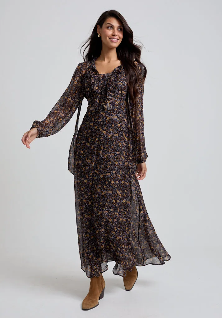 Margot Ruffle Neck Aster Print Maxi Dress In Brown