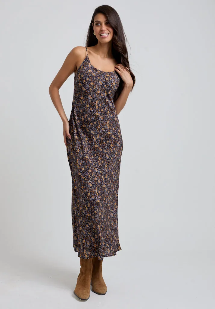 Margot Ruffle Neck Aster Print Maxi Dress In Brown