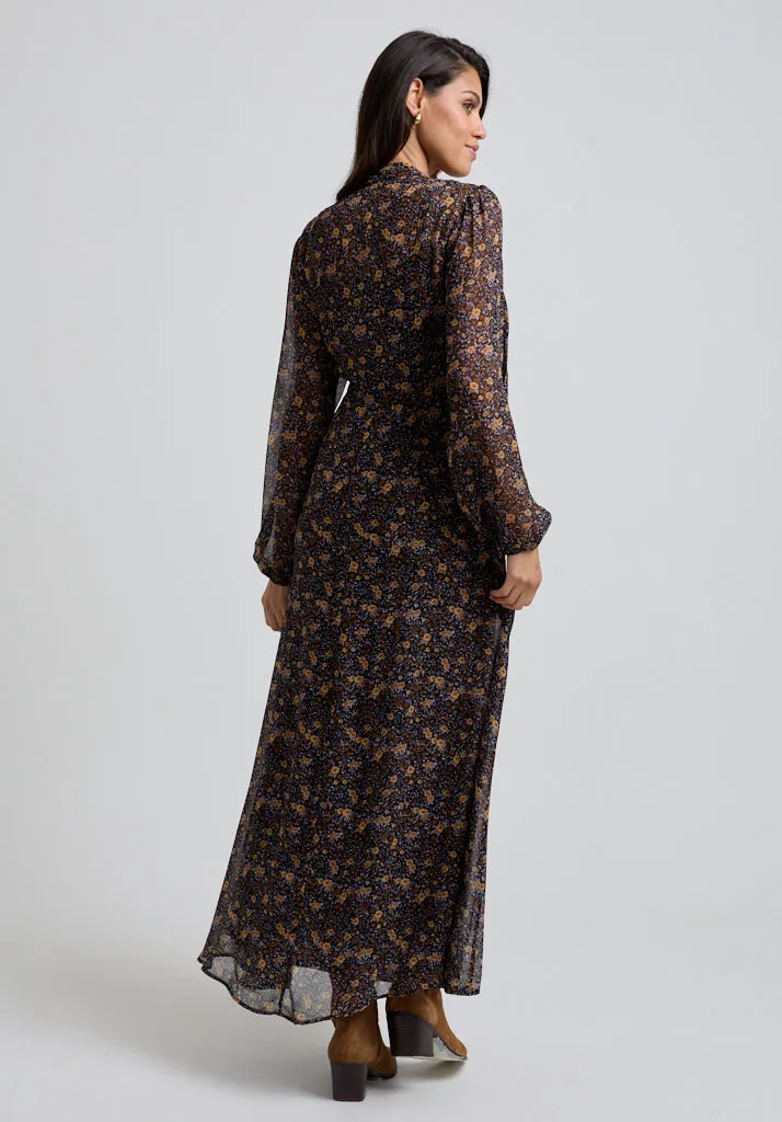 Margot Ruffle Neck Aster Print Maxi Dress In Brown