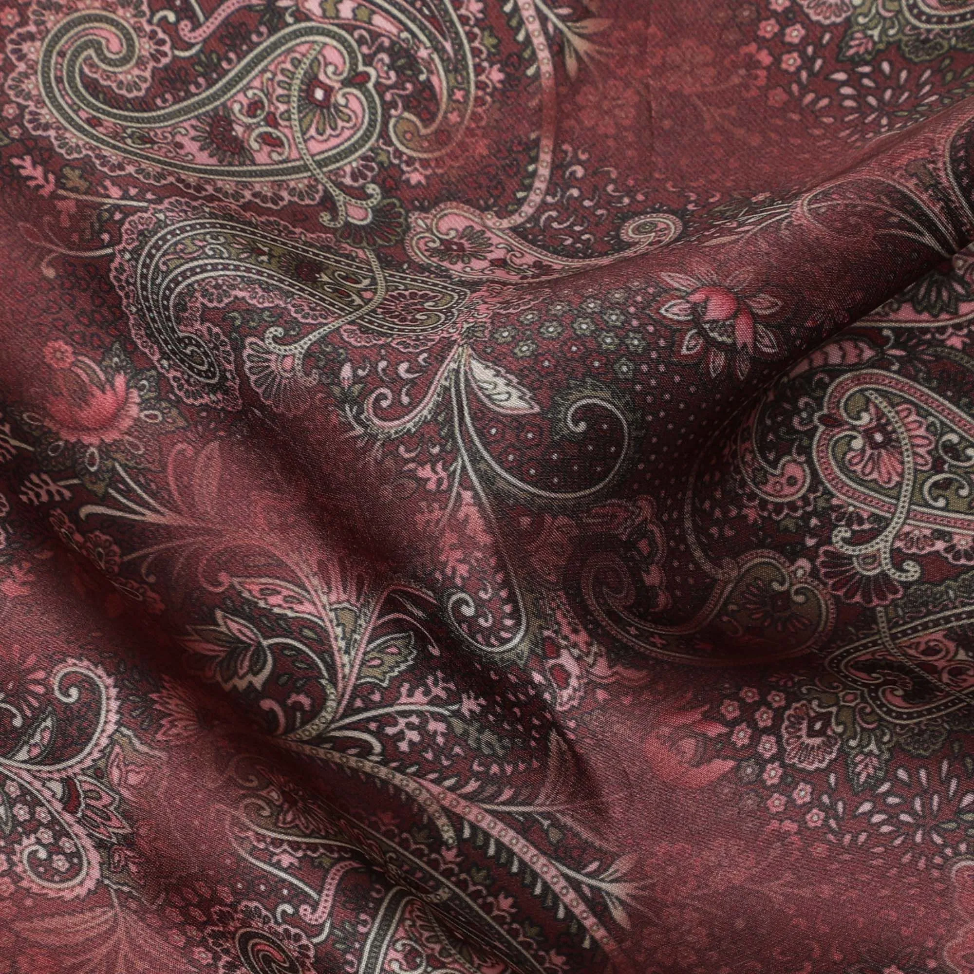 Maroon synthetic organza fabric with multicolor print in floral design-D16742