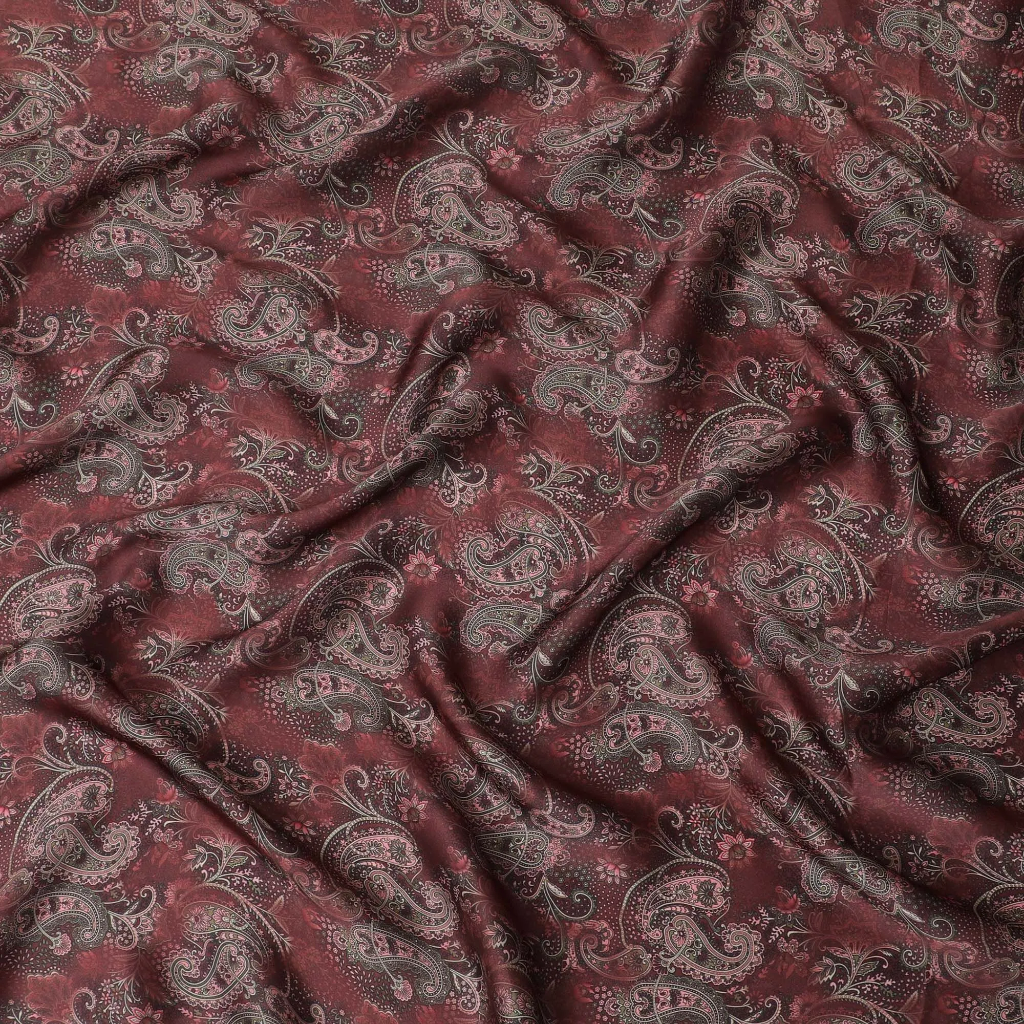 Maroon synthetic organza fabric with multicolor print in floral design-D16742