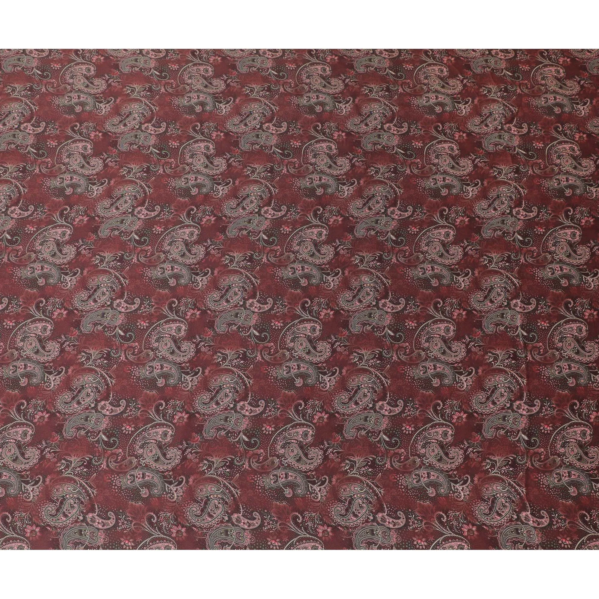 Maroon synthetic organza fabric with multicolor print in floral design-D16742