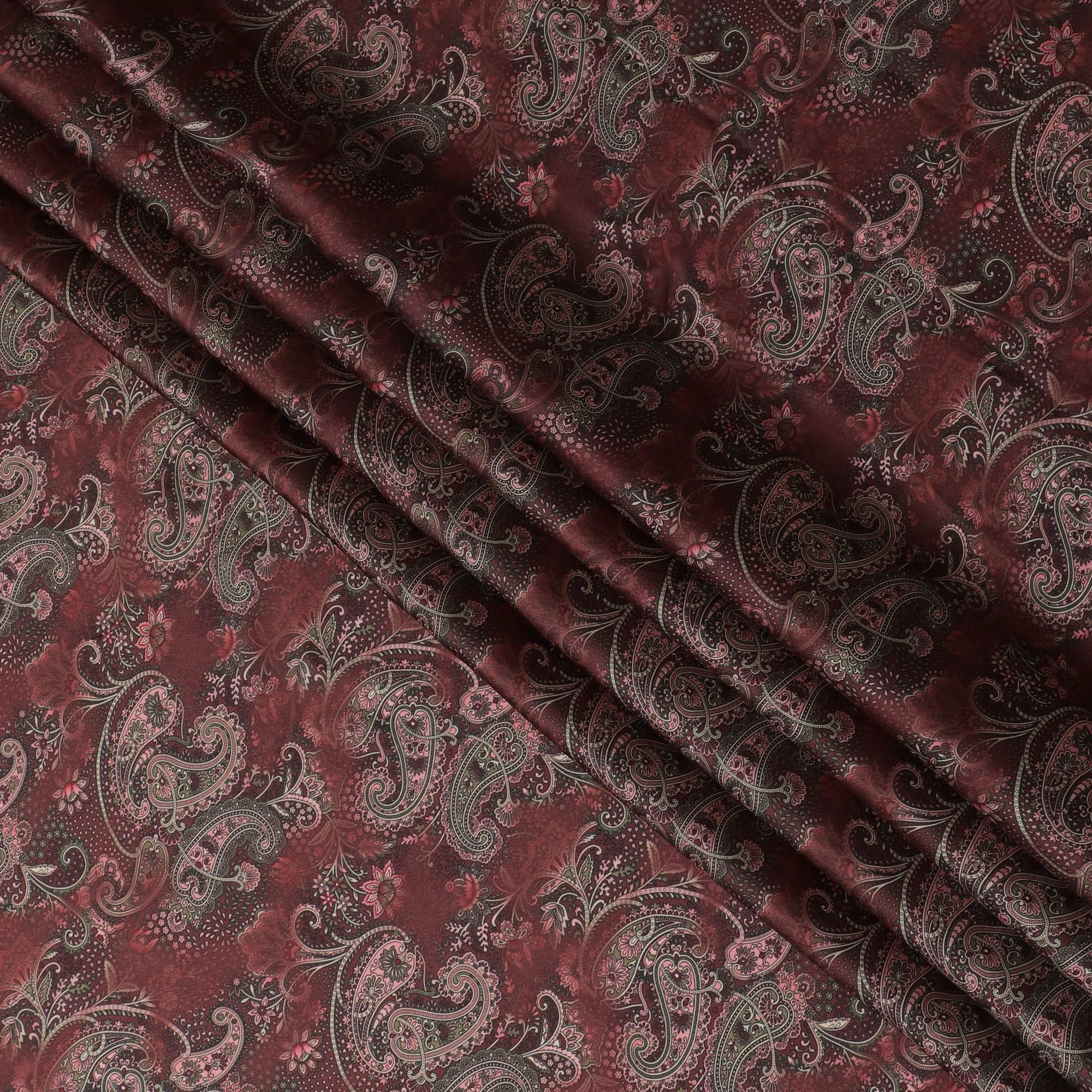 Maroon synthetic organza fabric with multicolor print in floral design-D16742