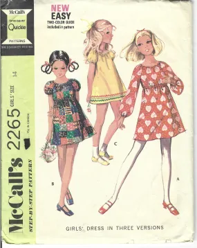 McCalls 2265 Girls Pullover Dress Vintage Sewing Pattern 1970s