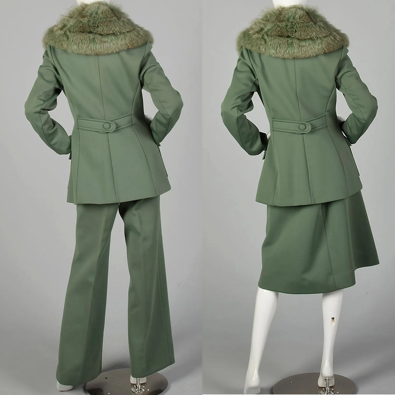 Medium Lilii Ann 1970s Green Fox Fur Collar Jacket Pants Skirt  Suit