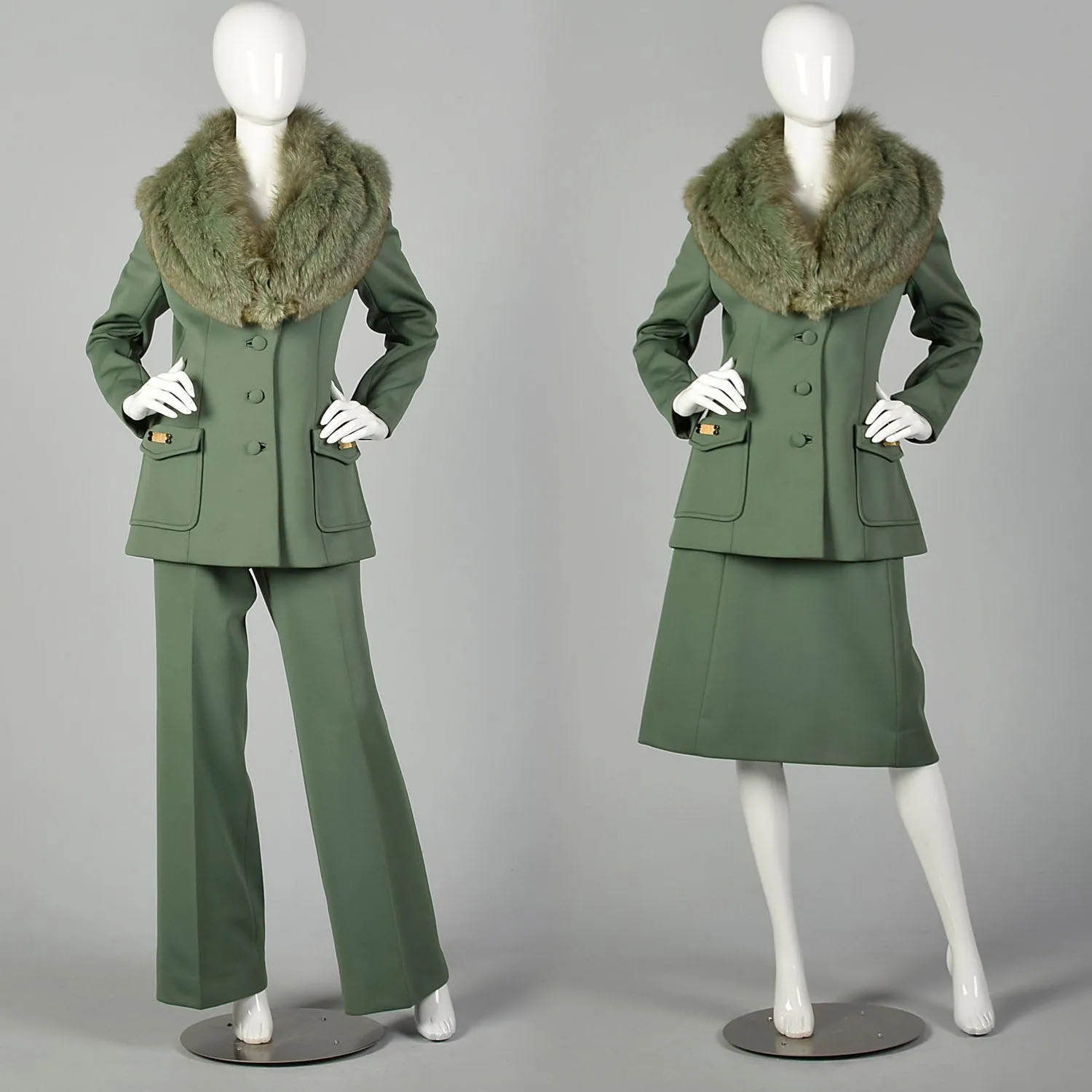 Medium Lilii Ann 1970s Green Fox Fur Collar Jacket Pants Skirt  Suit