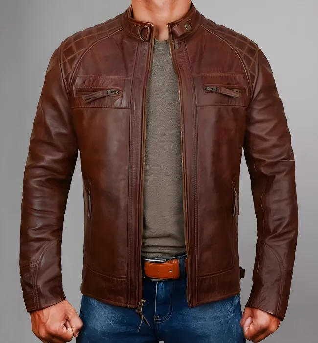 Men Genuine Distressed Leather Biker Jacket