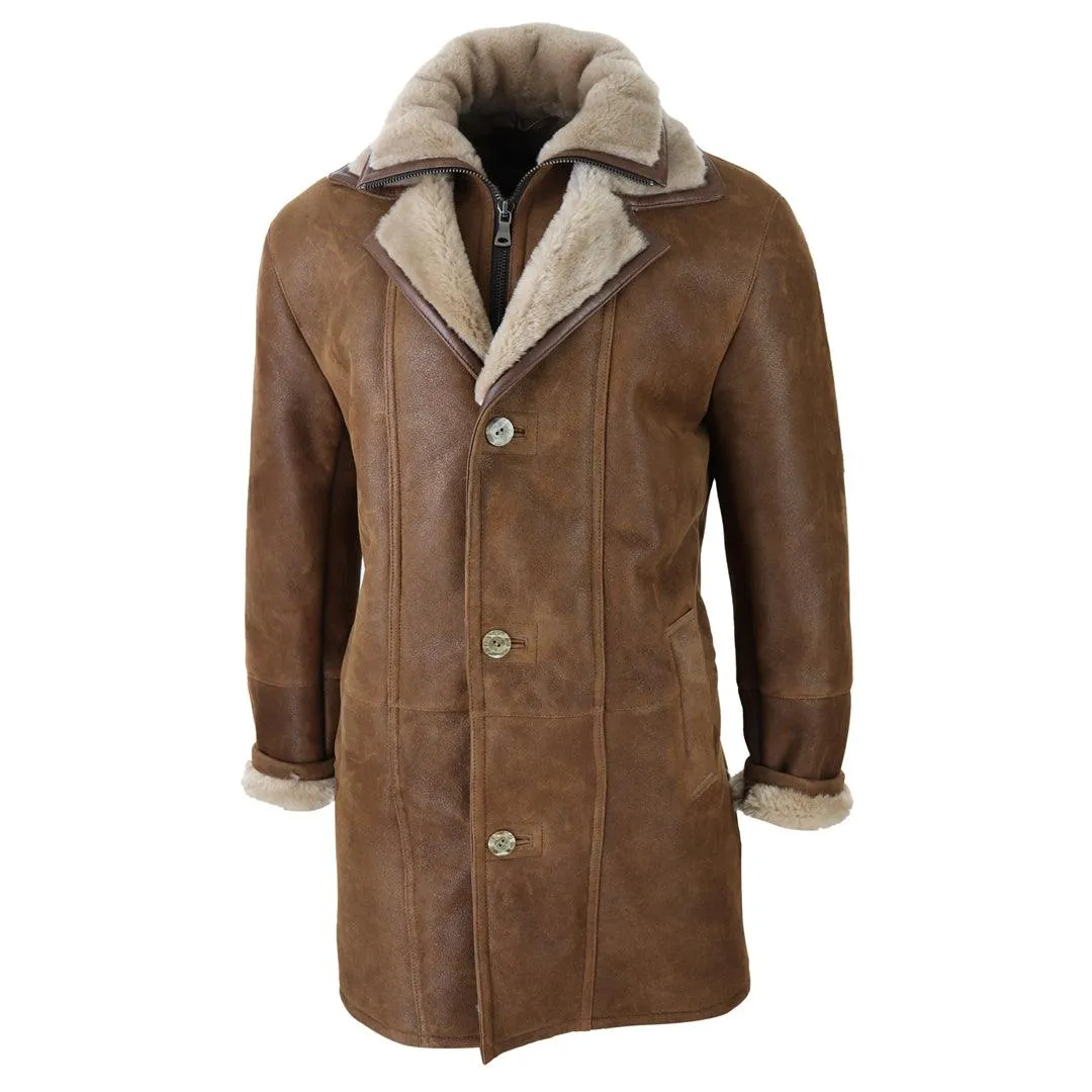 Mens 3/4 Duffle Jacket Real Sheepskin Long Smart Casual Button Zip Warm Coat