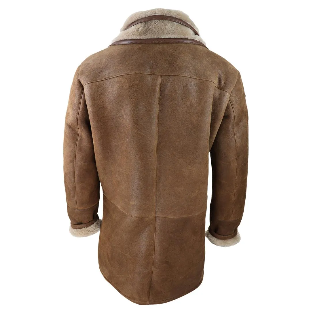 Mens 3/4 Duffle Jacket Real Sheepskin Long Smart Casual Button Zip Warm Coat