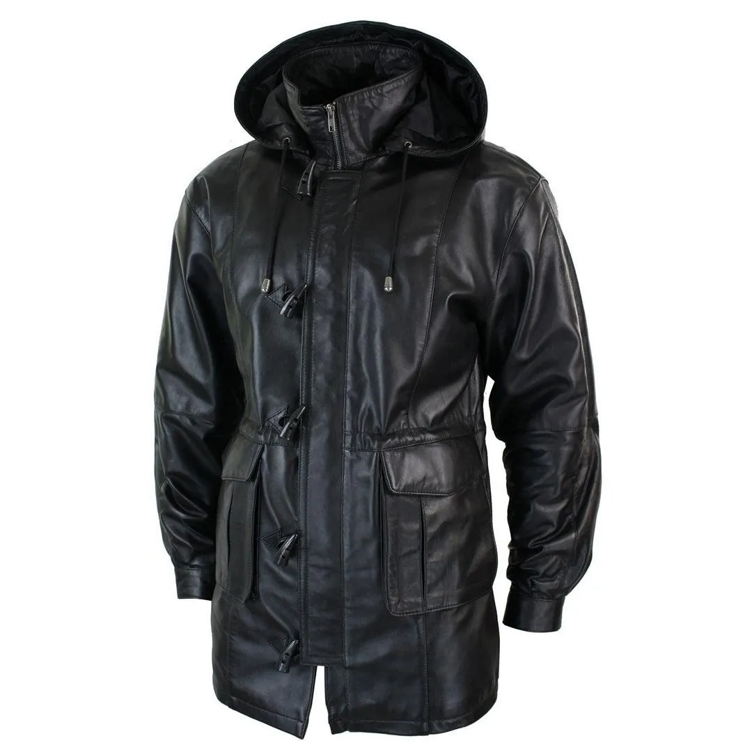 Mens 3/4 Long Real Leather Duffle Jacket Coat Safari Detachable Hood Classic