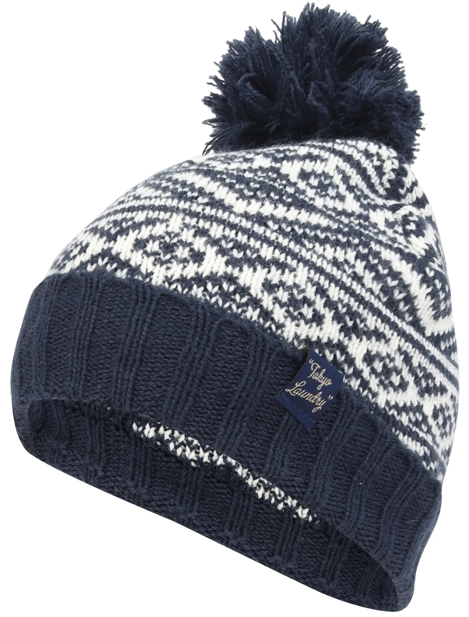 Men's Sandor Wool Blend Fairisle Print Bobble Hat in Navy - Tokyo Laundry