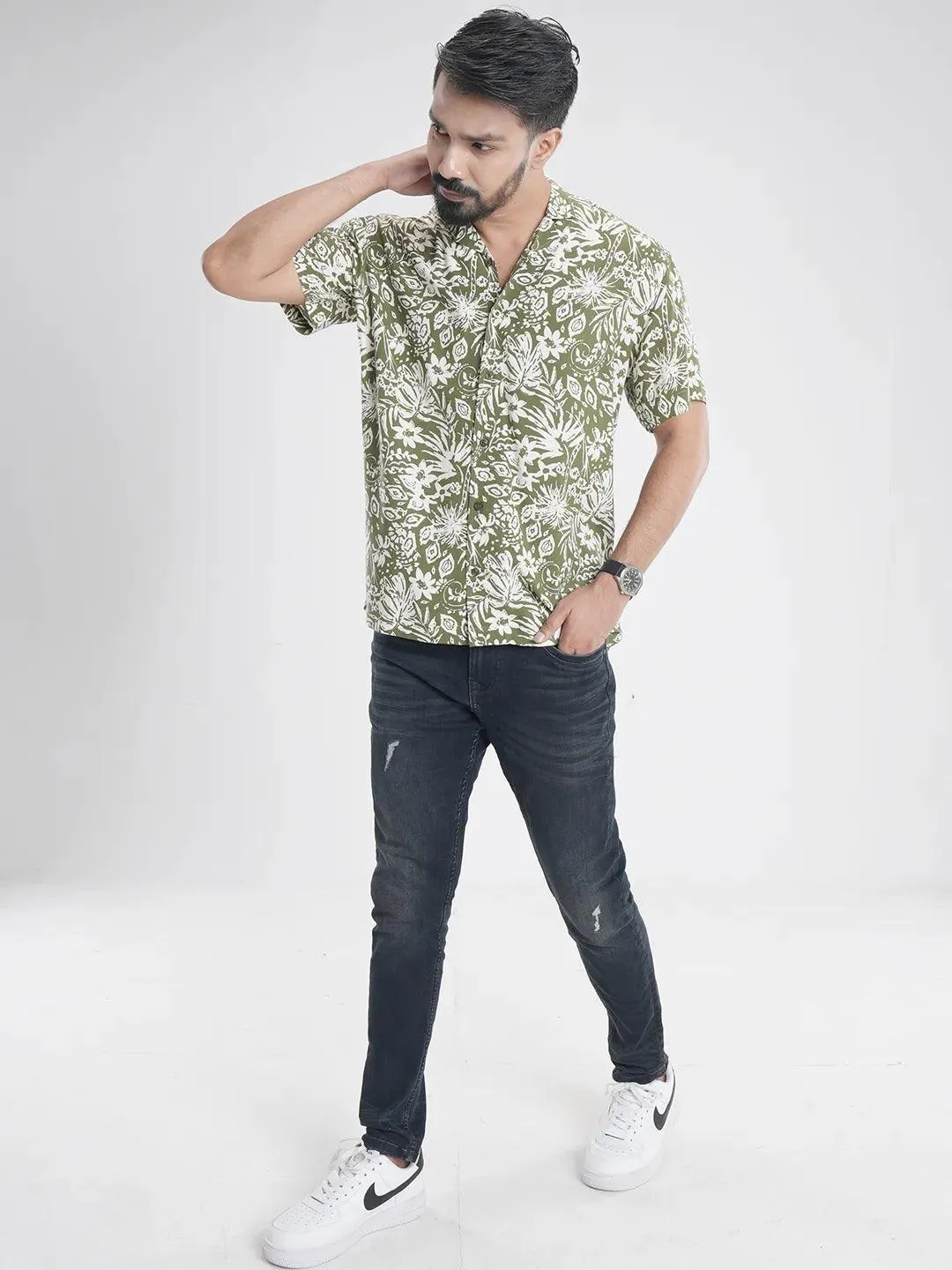 Men's Short Sleeve Camp Collar Casual in Olive Floral Print Shirt