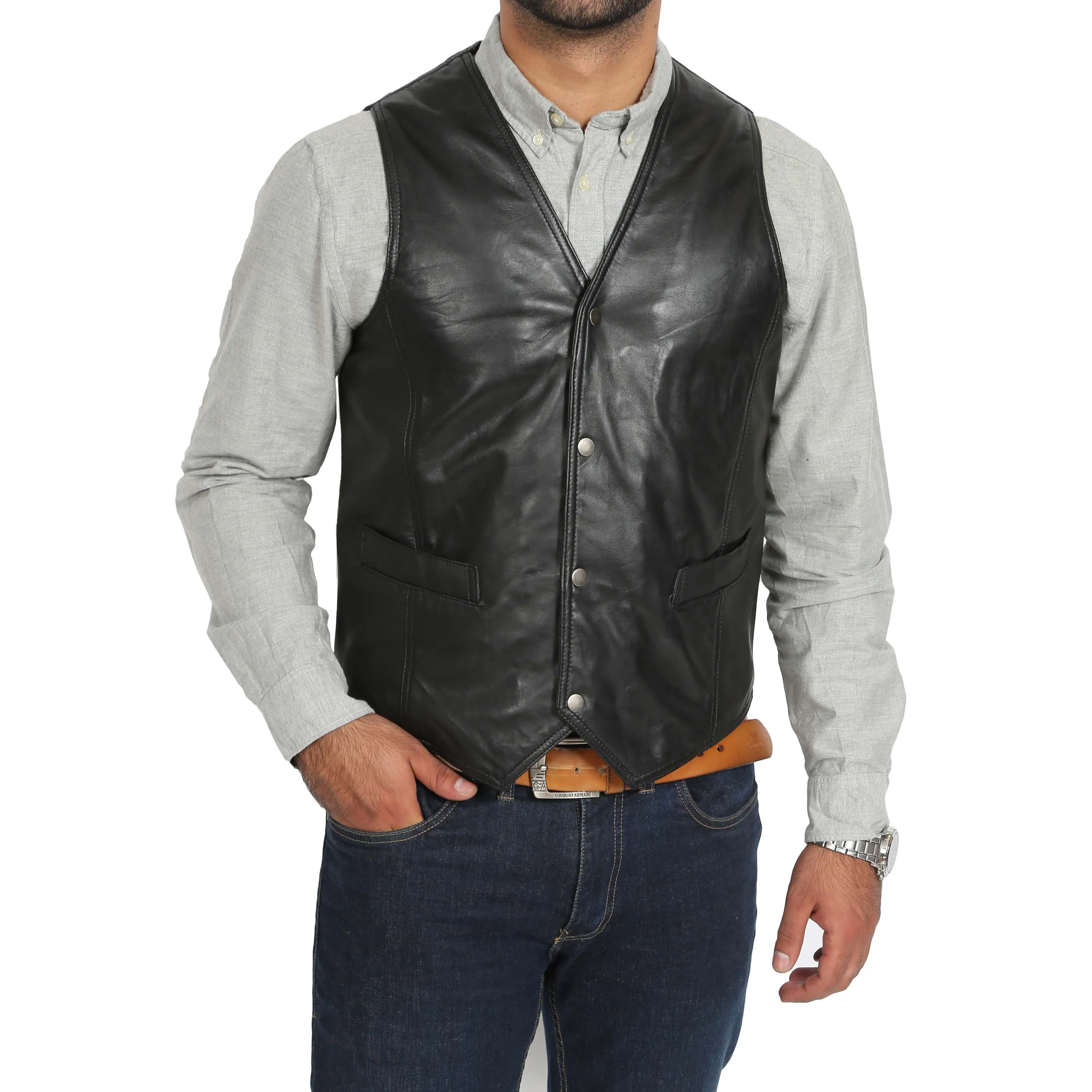 Mens Soft Leather Waistcoat Classic Gilet Bruno Black