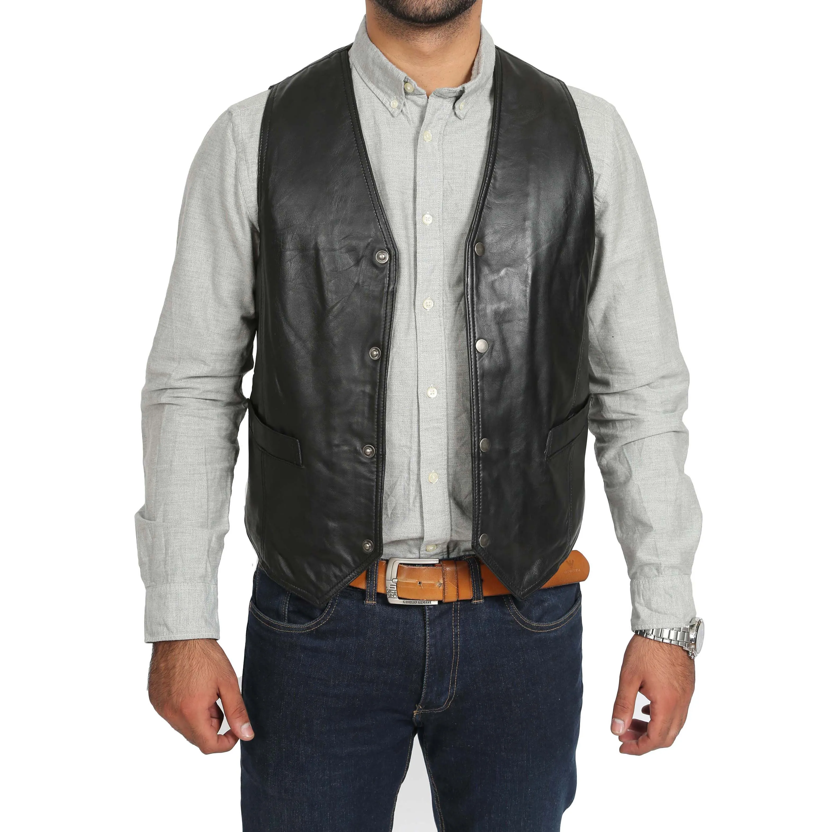 Mens Soft Leather Waistcoat Classic Gilet Bruno Black