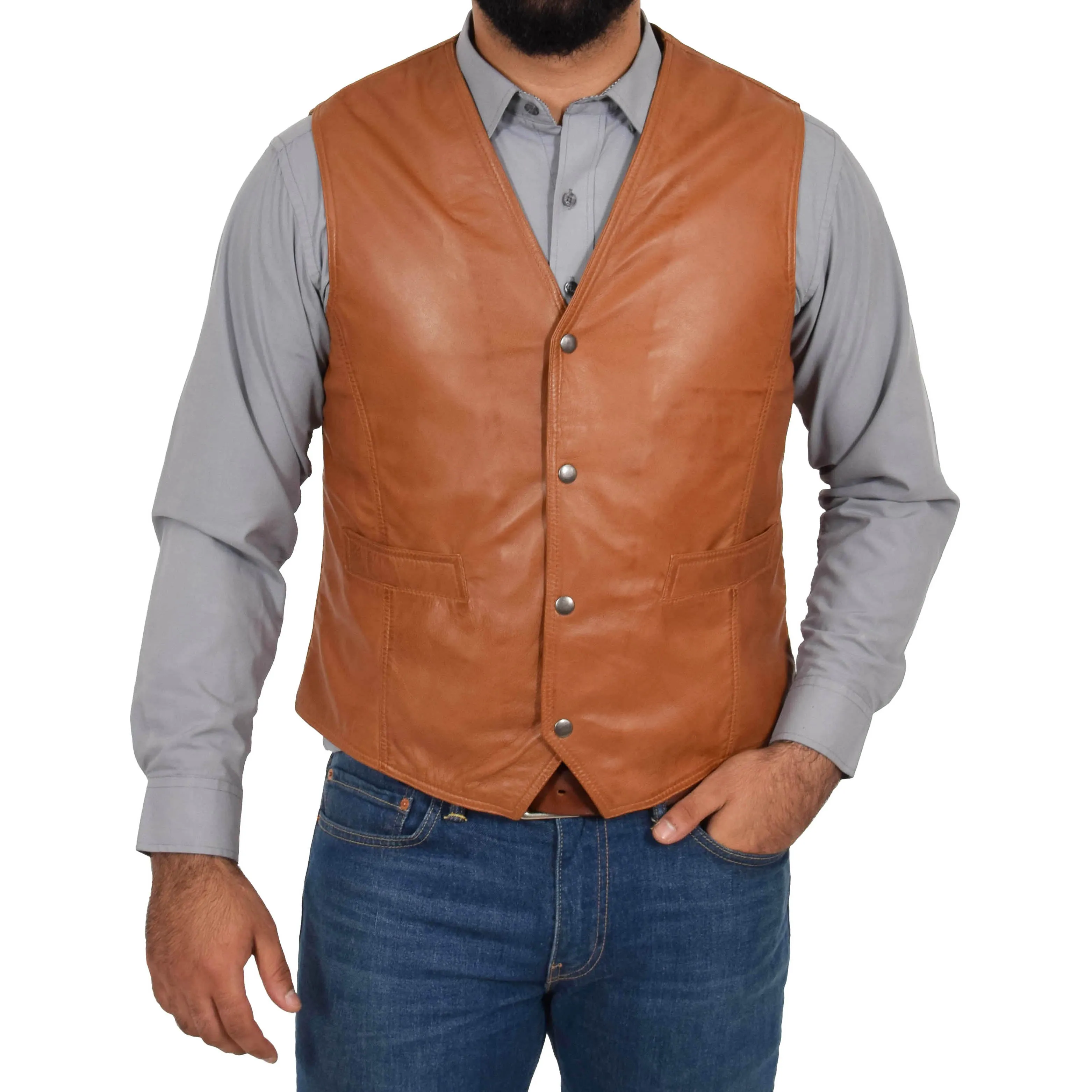 Mens Soft Leather Waistcoat Classic Gilet Bruno Tan