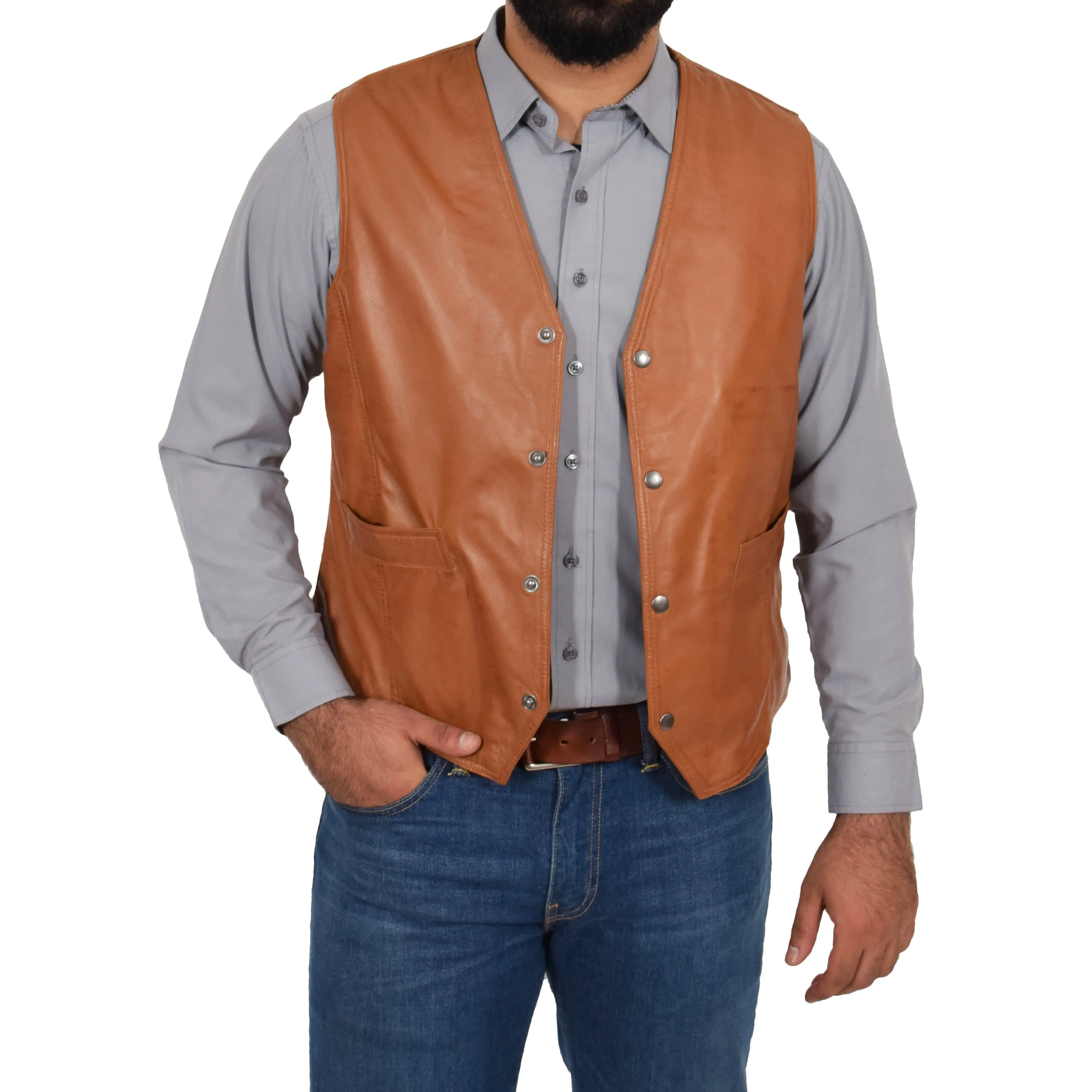 Mens Soft Leather Waistcoat Classic Gilet Bruno Tan