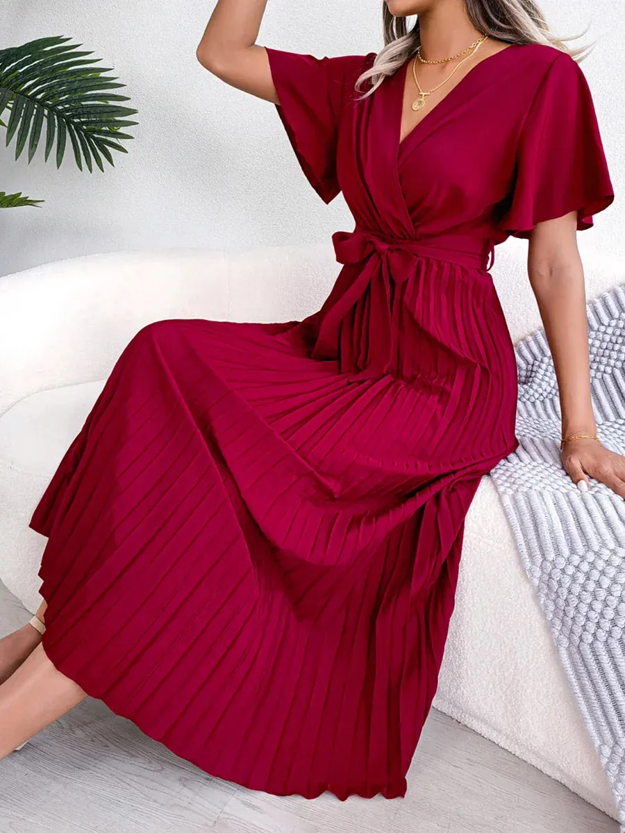 Midi Long V Neck Short Flounce Sleeve Pleated Elegant Belted Big Hem Solid Color Midi Casual Pleated Dress