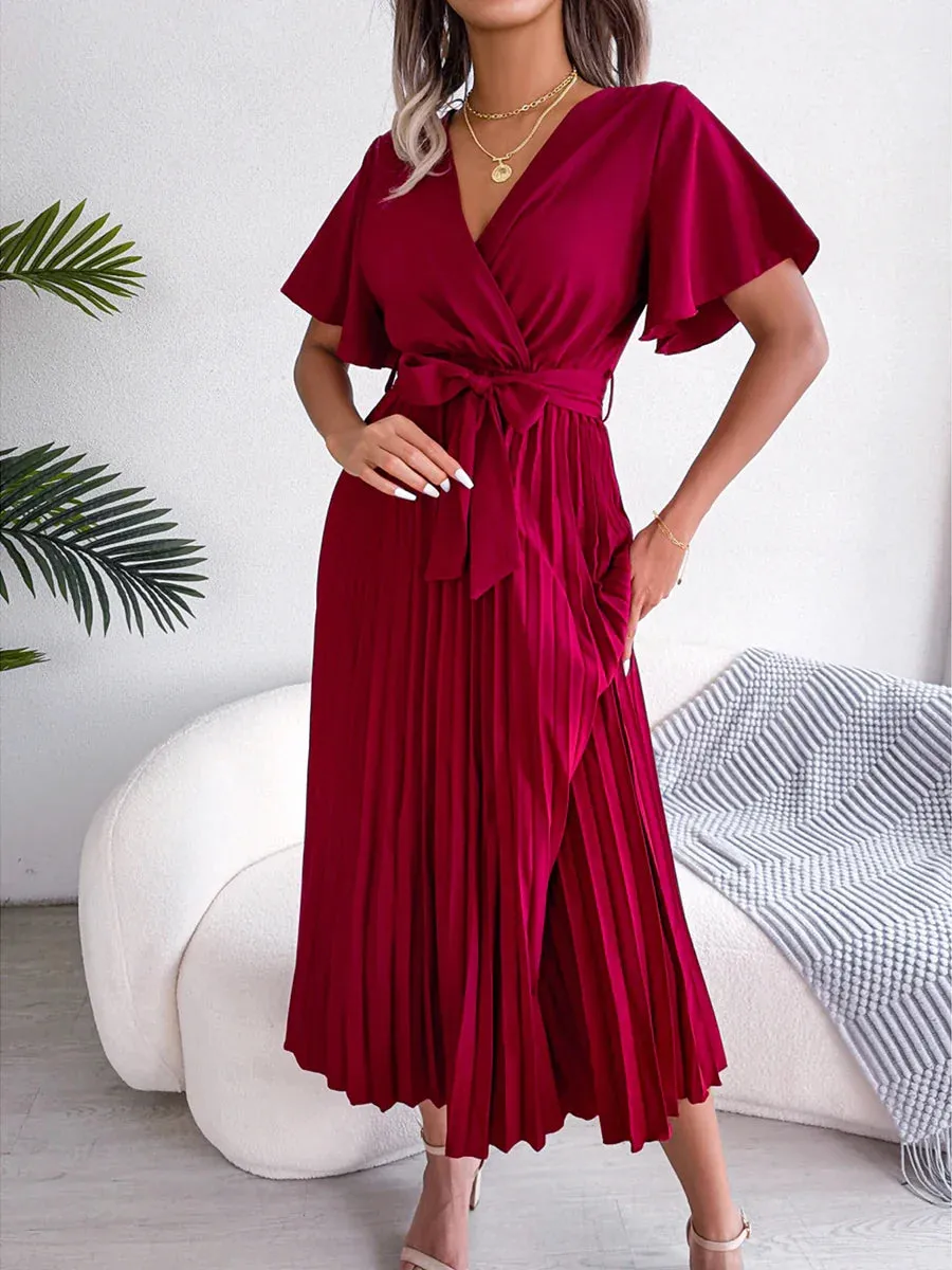 Midi Long V Neck Short Flounce Sleeve Pleated Elegant Belted Big Hem Solid Color Midi Casual Pleated Dress