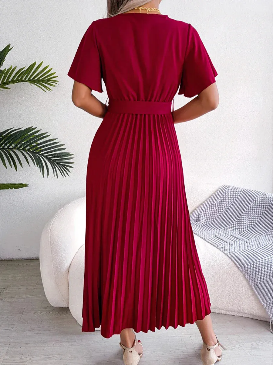 Midi Long V Neck Short Flounce Sleeve Pleated Elegant Belted Big Hem Solid Color Midi Casual Pleated Dress