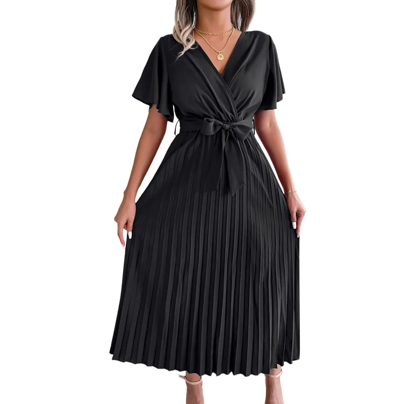 Midi Long V Neck Short Flounce Sleeve Pleated Elegant Belted Big Hem Solid Color Midi Casual Pleated Dress