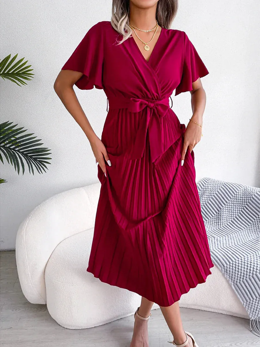 Midi Long V Neck Short Flounce Sleeve Pleated Elegant Belted Big Hem Solid Color Midi Casual Pleated Dress