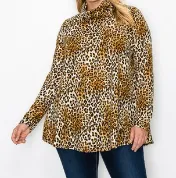 MOCK NECK LEOPARD PRINT LONG SLEEVES TOP (PLUS SIZE)