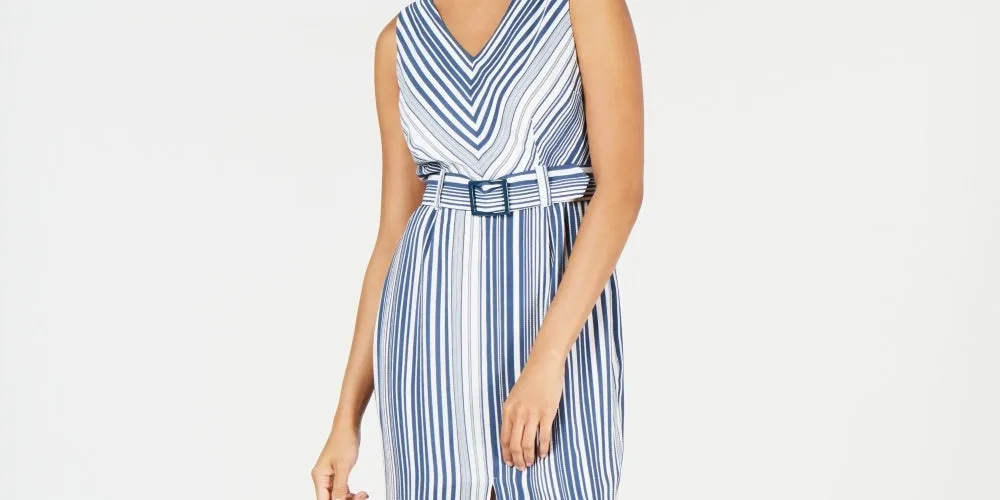 Monteau Women's Belted Striped A Line Dress Blue Size Petite Large