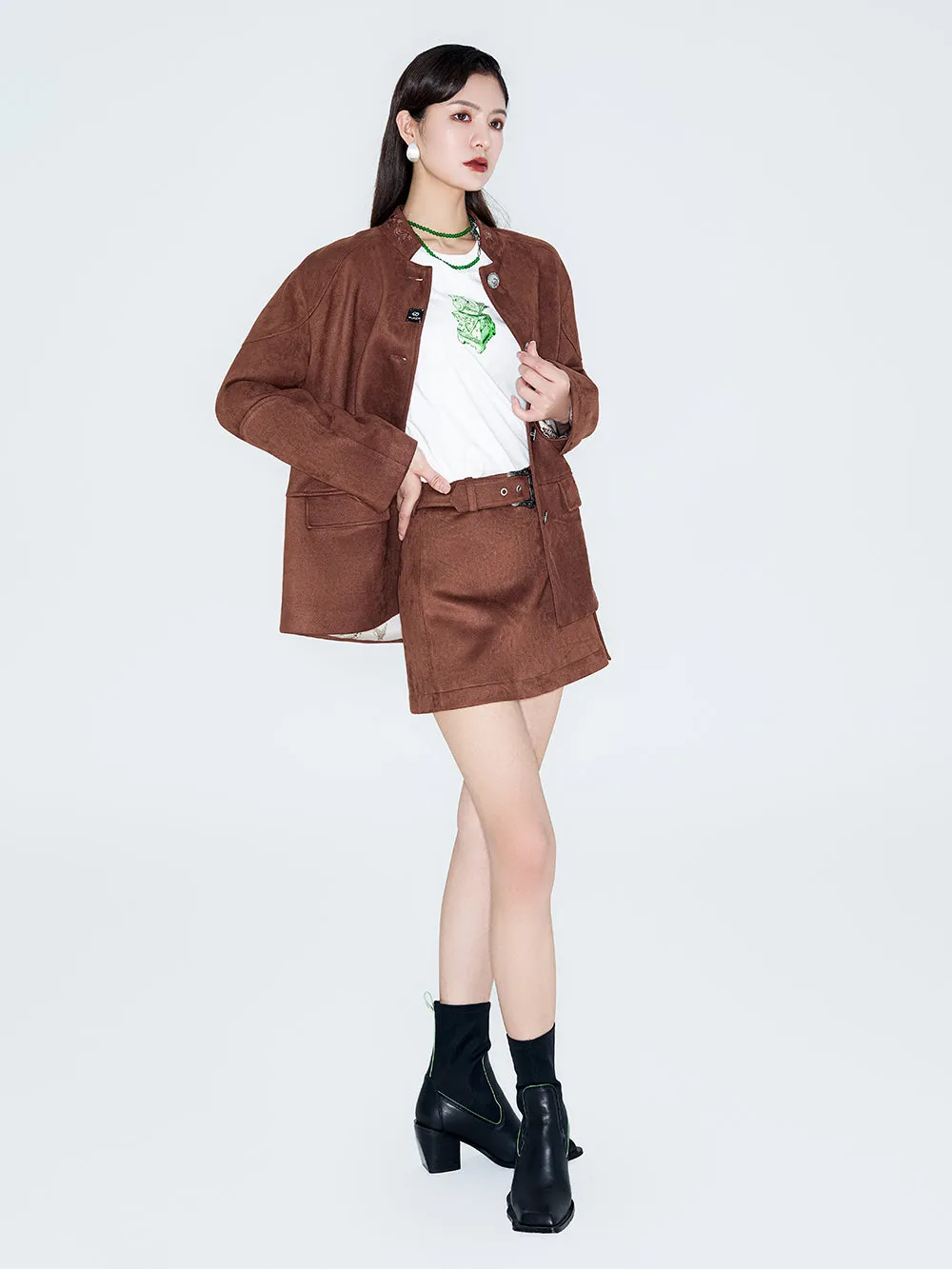 MUKZIN Linglong "Wandering Poet" Retro Suede Tang Suit Skirt