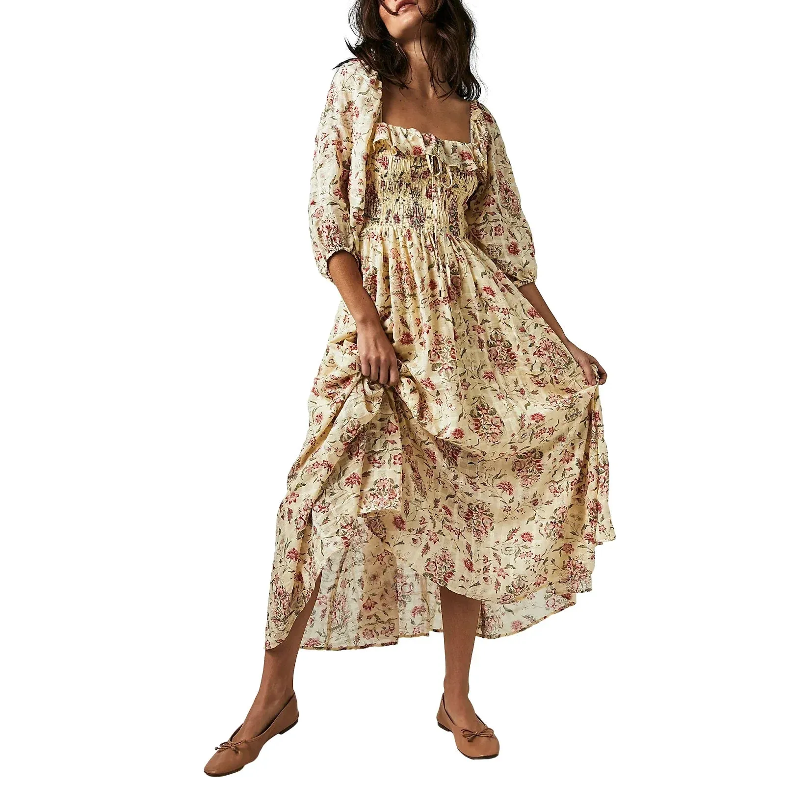 Neck Long Sleeve Flowy Maxi Dress Beach Cocktail Club Casual Square Dress