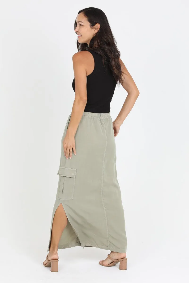 Olive Tencel Denim Cargo Maxi Skirt