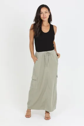 Olive Tencel Denim Cargo Maxi Skirt