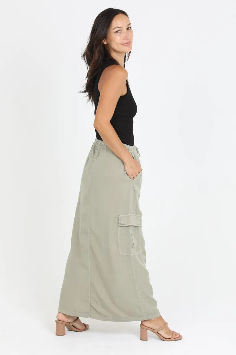 Olive Tencel Denim Cargo Maxi Skirt