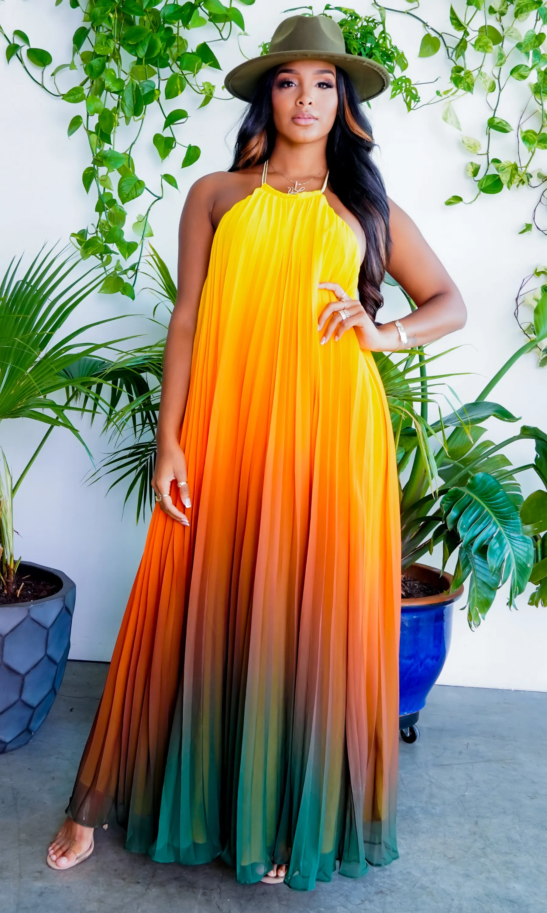 Ombre Sunset Pleated Halter Dress | Maxi Dress