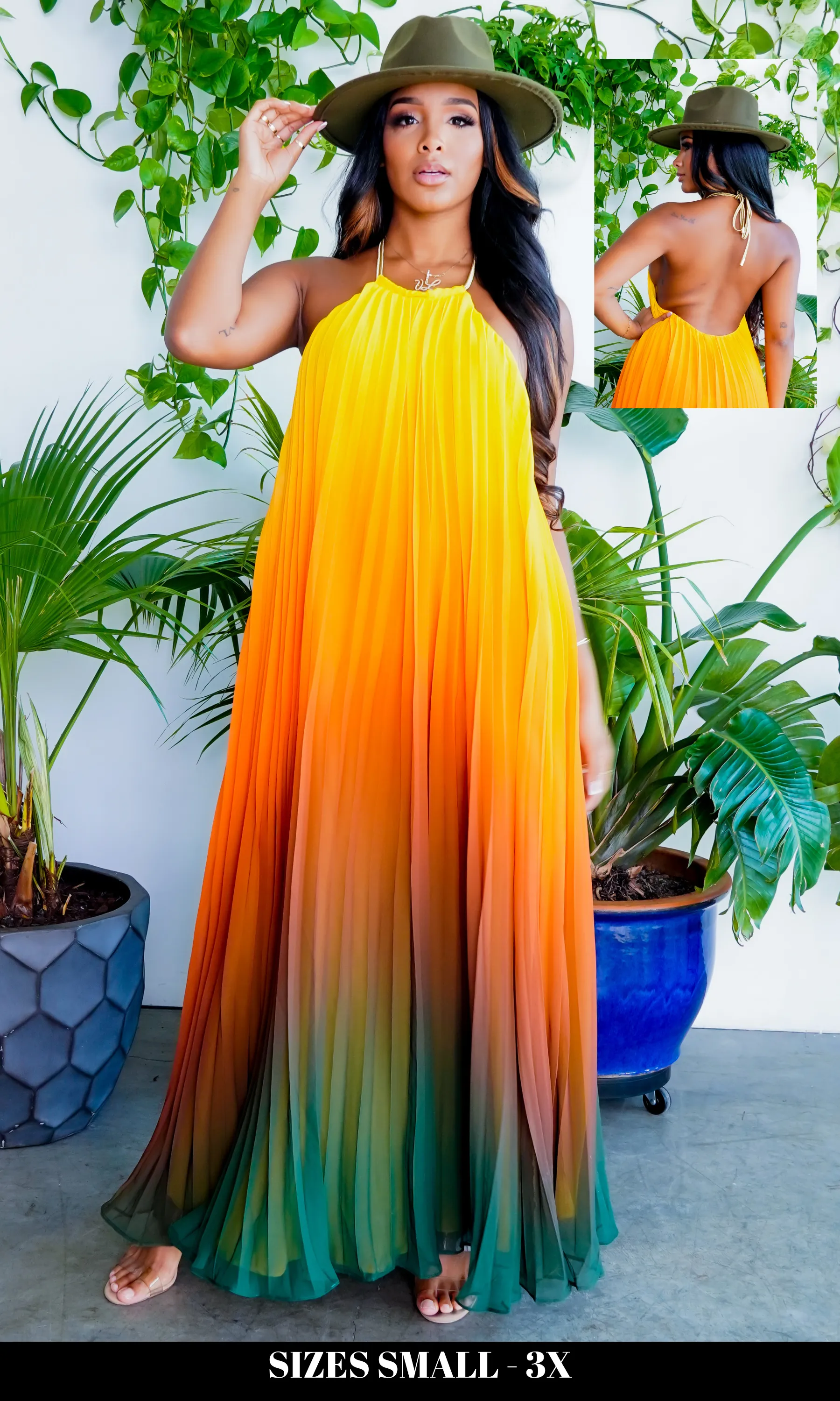 Ombre Sunset Pleated Halter Dress | Maxi Dress