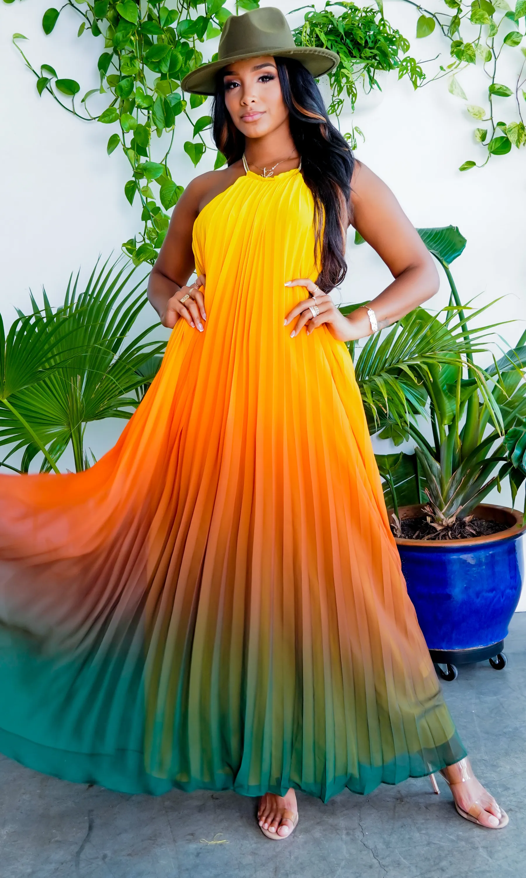 Ombre Sunset Pleated Halter Dress | Maxi Dress