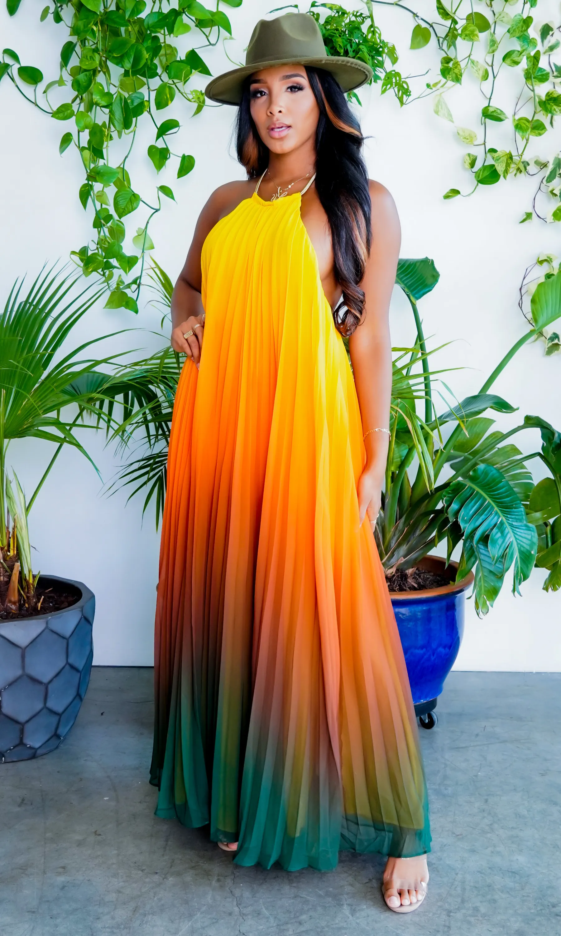 Ombre Sunset Pleated Halter Dress | Maxi Dress