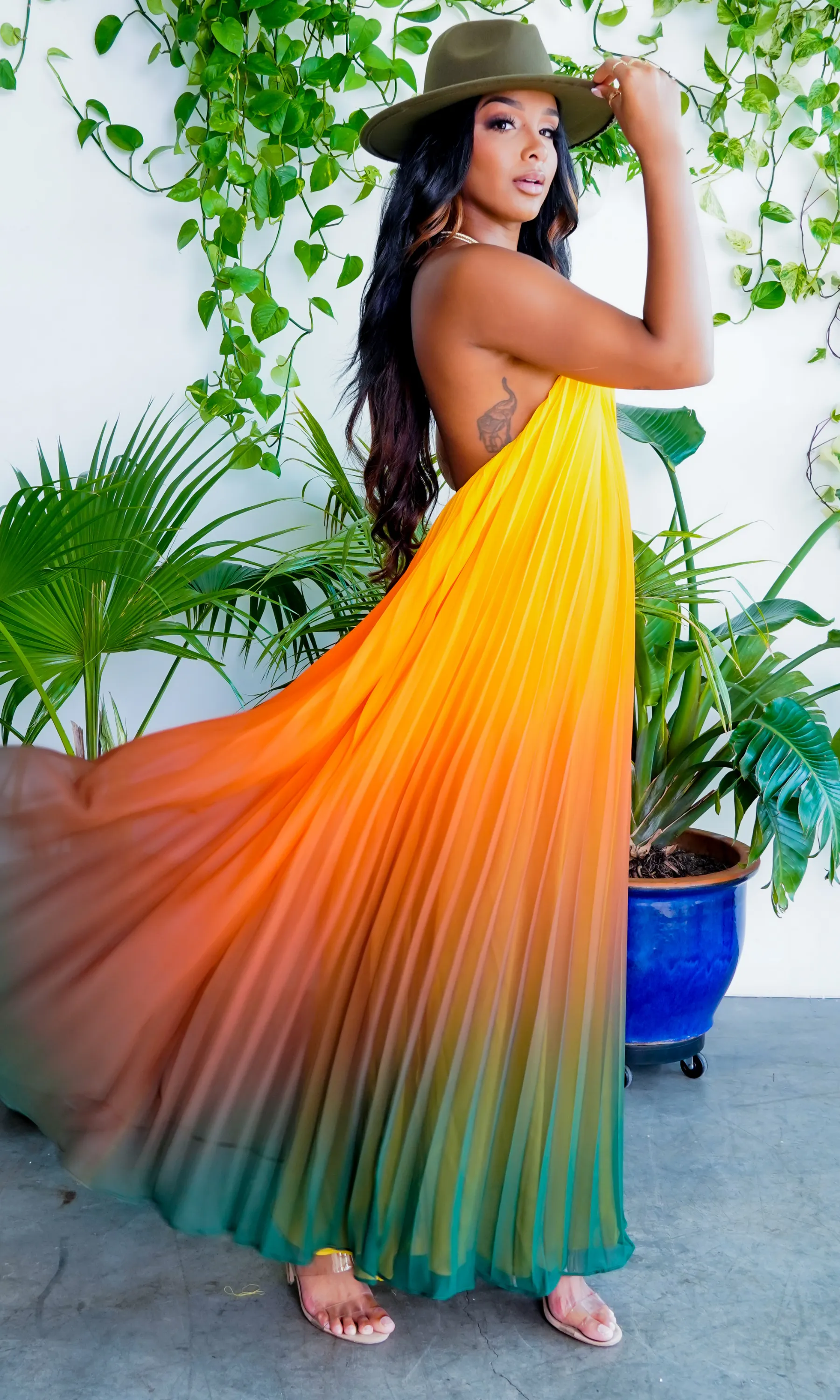 Ombre Sunset Pleated Halter Dress | Maxi Dress