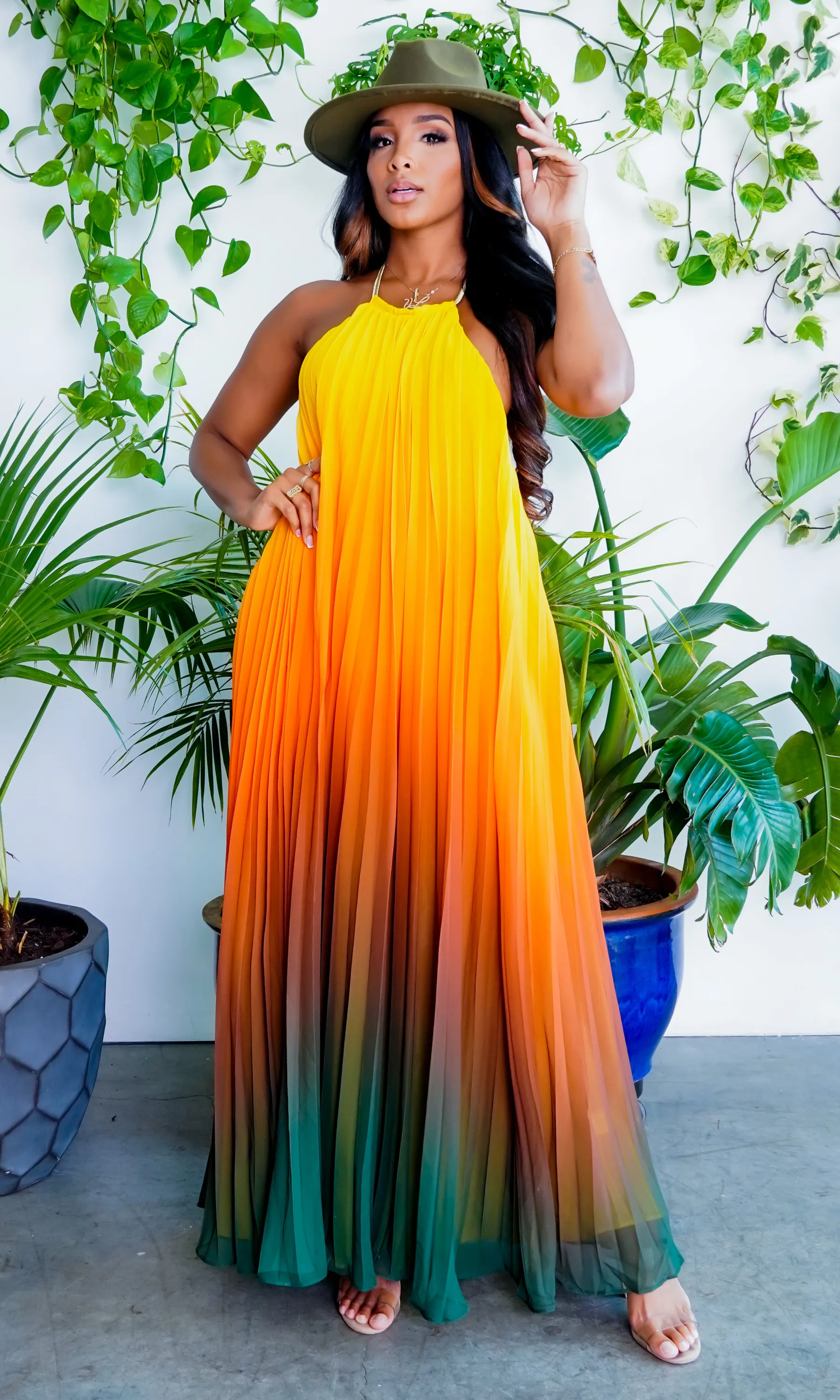 Ombre Sunset Pleated Halter Dress | Maxi Dress