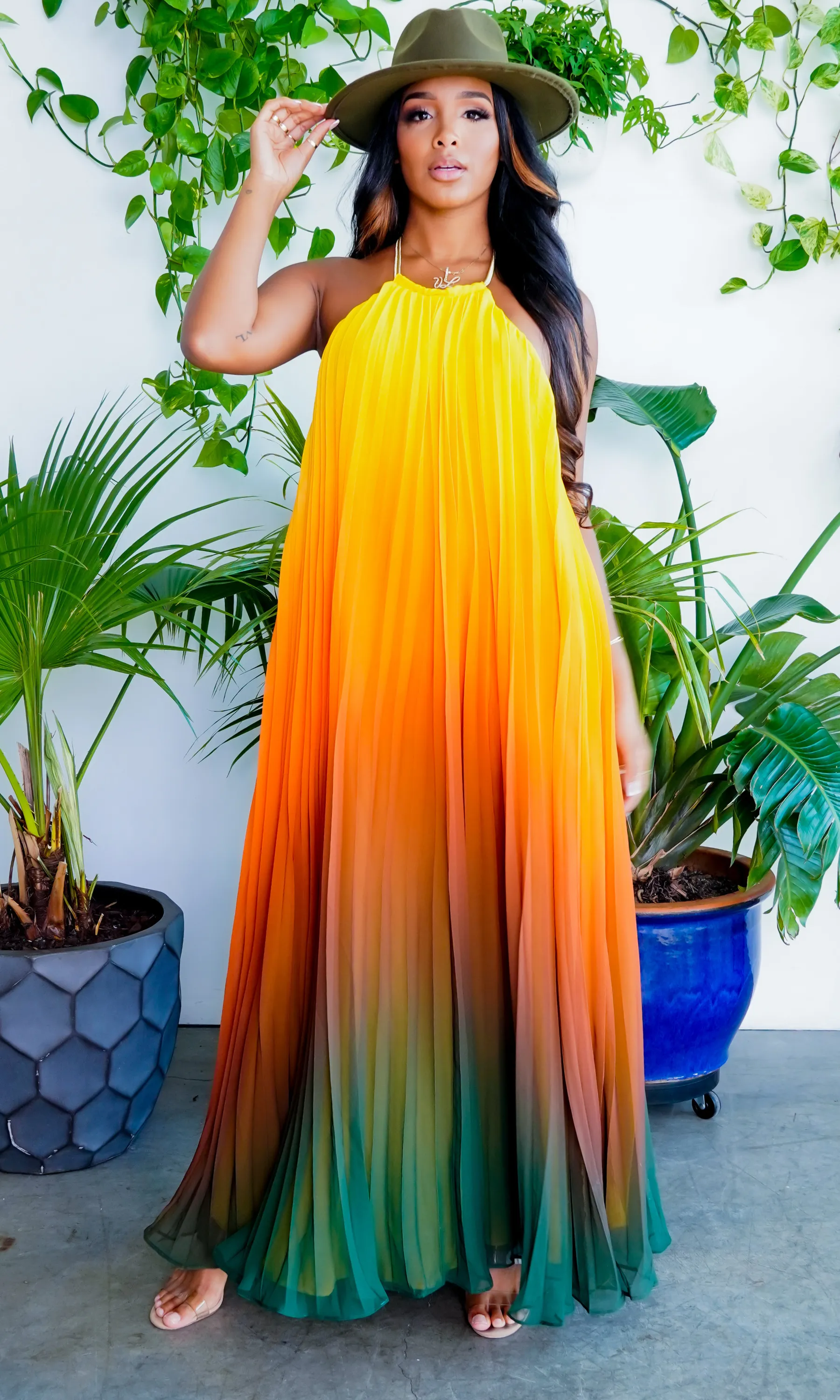 Ombre Sunset Pleated Halter Dress | Maxi Dress