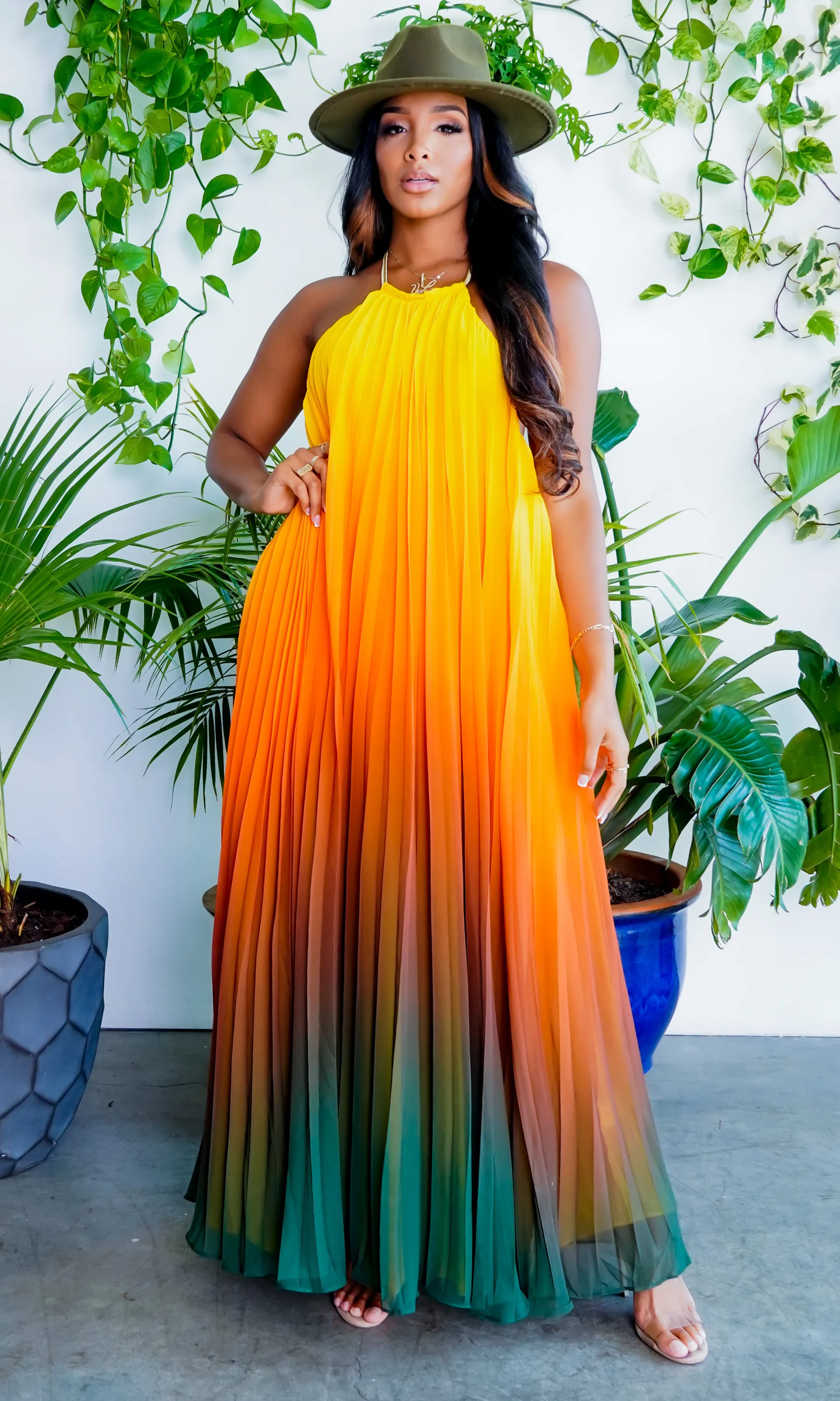 Ombre Sunset Pleated Halter Dress | Maxi Dress