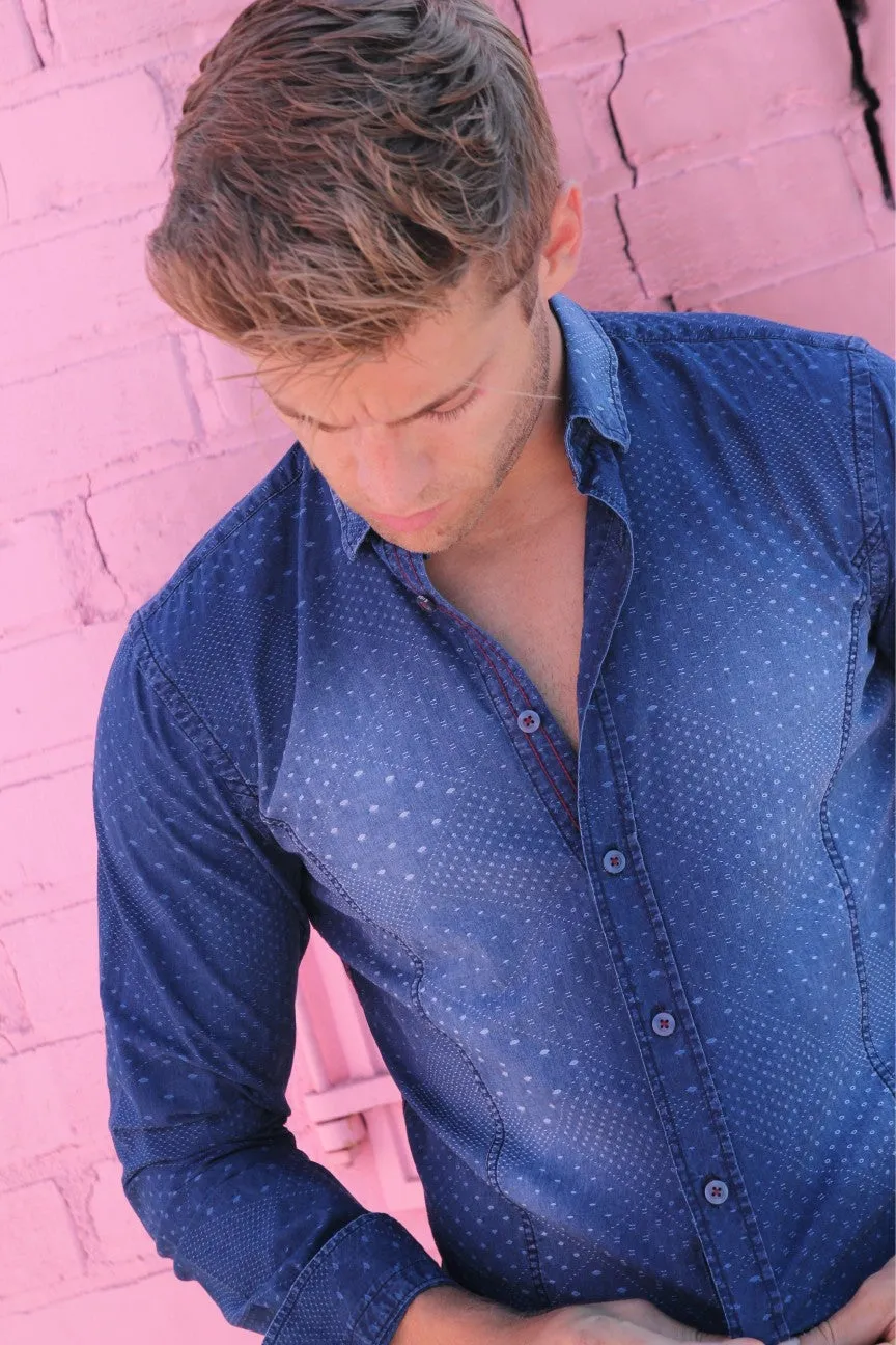 Pattern Jacquard Stone Wash Denim Button Down Shirt