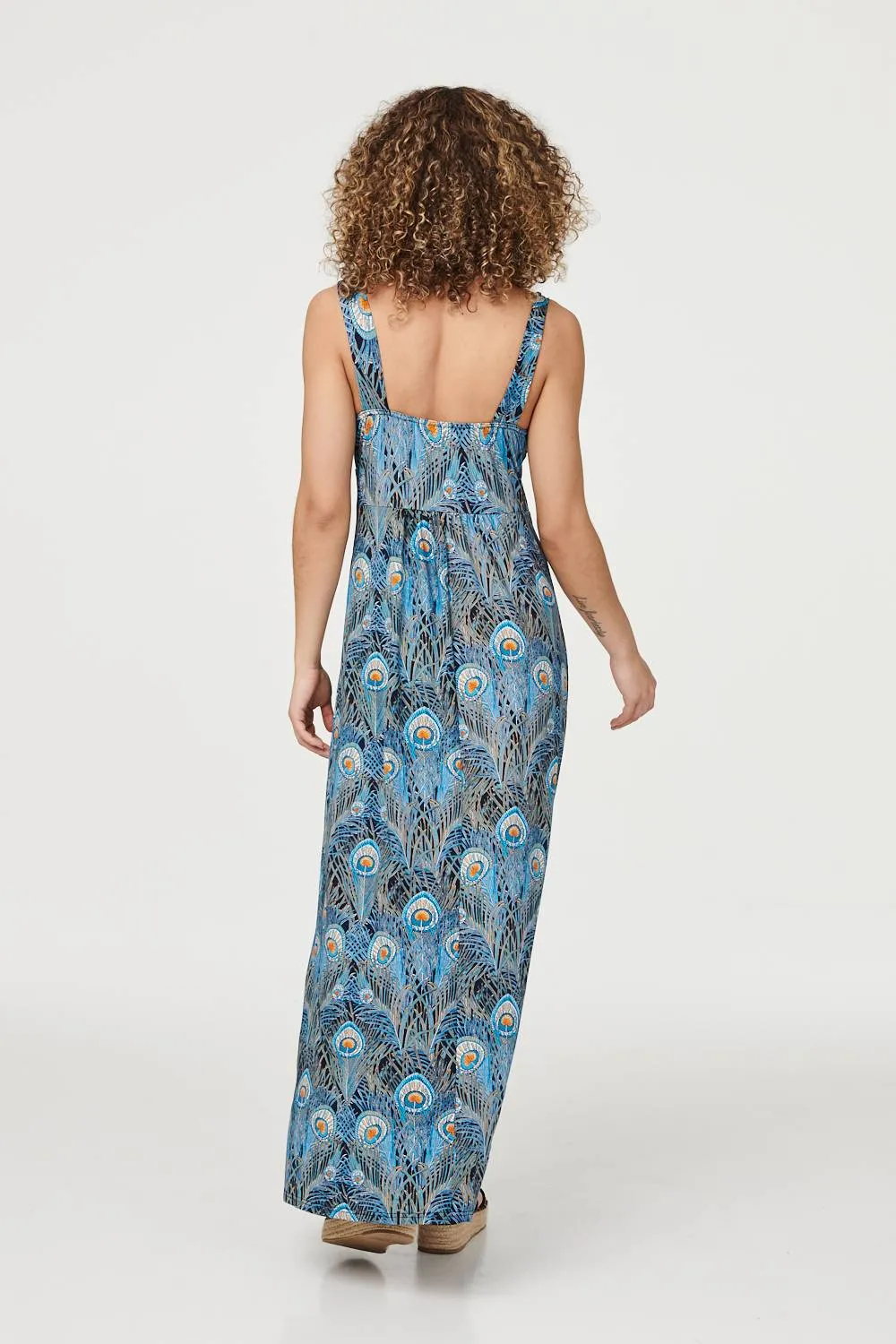 Peacock Print A-Line Maxi Dress