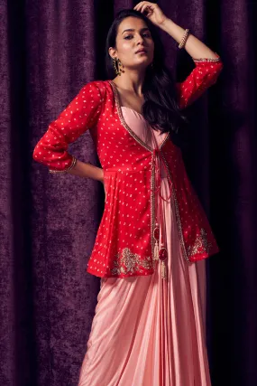 Pink & Red Bhandhani Jacket Gown