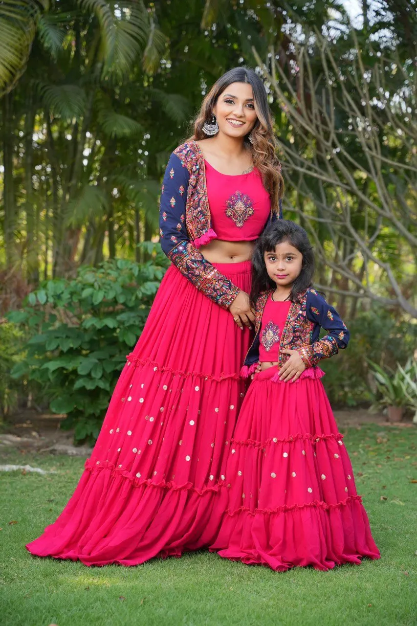 Pink Mom-Daughter Combo Lehenga Choli with Jacket