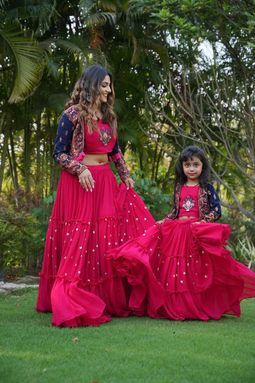 Pink Mom-Daughter Combo Lehenga Choli with Jacket