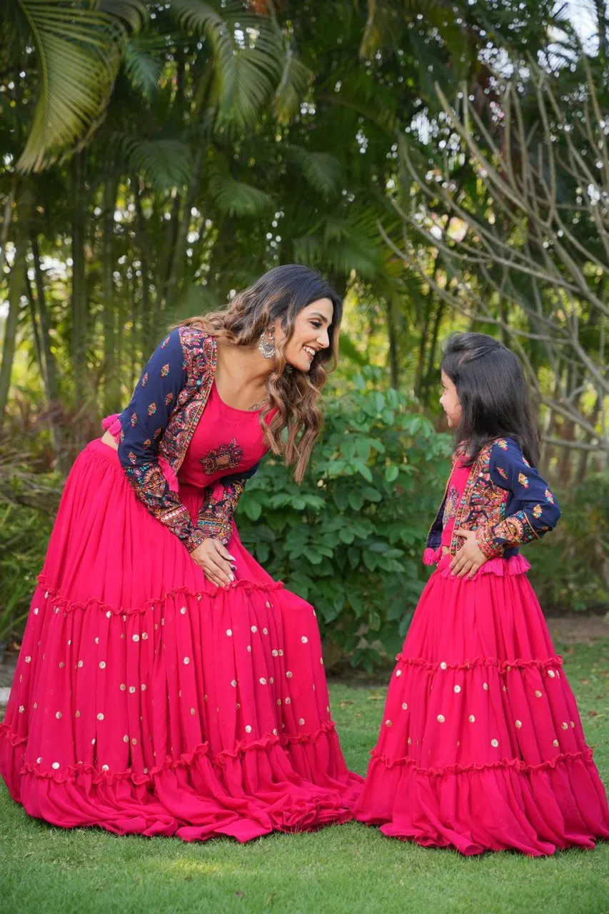 Pink Mom-Daughter Combo Lehenga Choli with Jacket