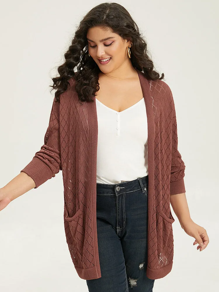 Plain Geometric Hollow Out Pocket Cardigan