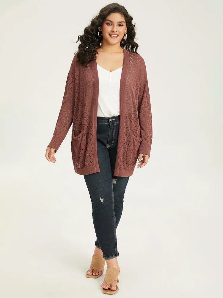 Plain Geometric Hollow Out Pocket Cardigan